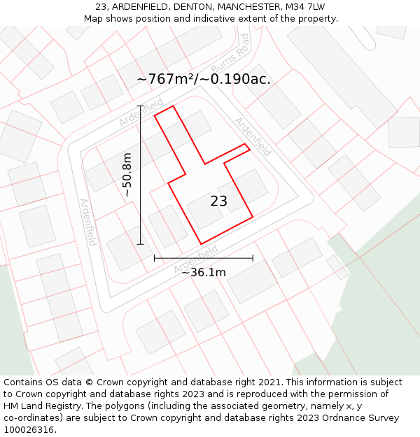 23, ARDENFIELD, DENTON, MANCHESTER, M34 7LW: Plot and title map