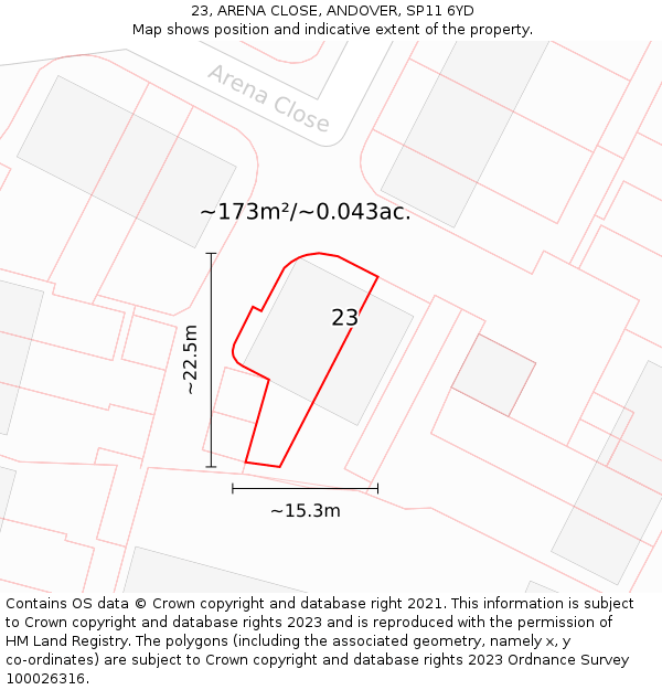 23, ARENA CLOSE, ANDOVER, SP11 6YD: Plot and title map