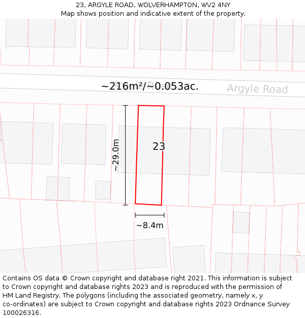 23, ARGYLE ROAD, WOLVERHAMPTON, WV2 4NY: Plot and title map