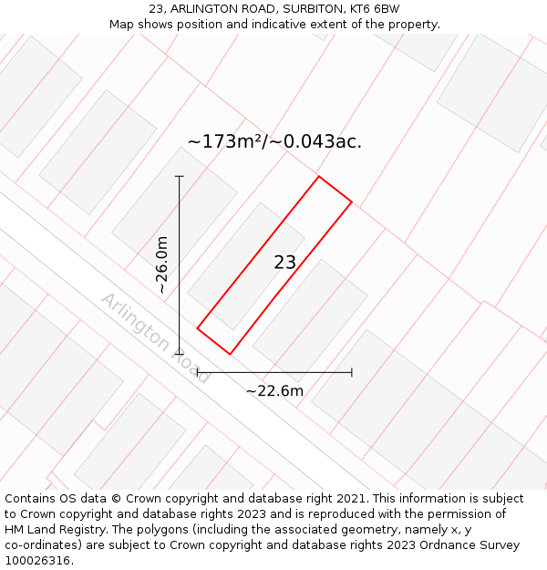 23, ARLINGTON ROAD, SURBITON, KT6 6BW: Plot and title map