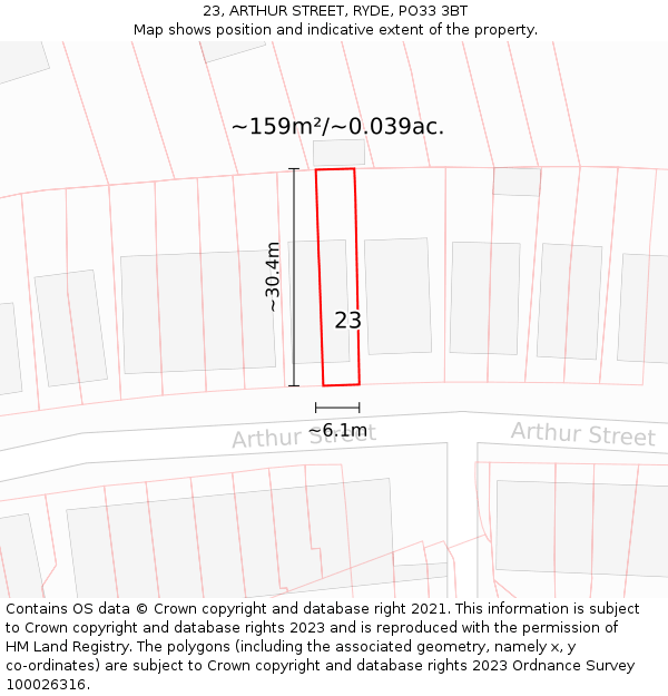 23, ARTHUR STREET, RYDE, PO33 3BT: Plot and title map