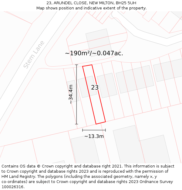 23, ARUNDEL CLOSE, NEW MILTON, BH25 5UH: Plot and title map