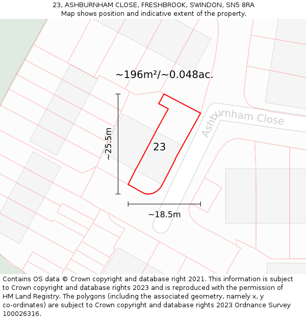 23, ASHBURNHAM CLOSE, FRESHBROOK, SWINDON, SN5 8RA: Plot and title map