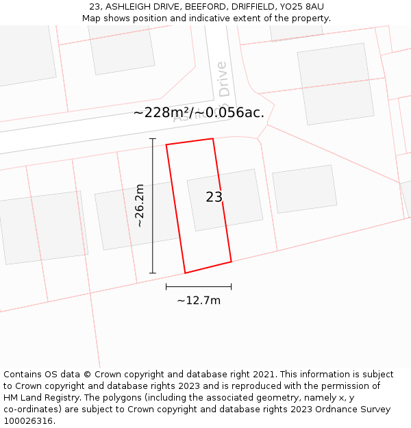 23, ASHLEIGH DRIVE, BEEFORD, DRIFFIELD, YO25 8AU: Plot and title map