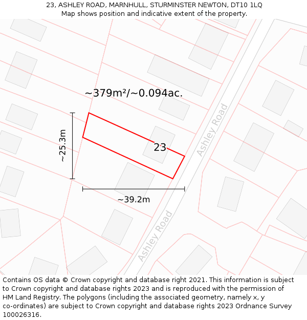 23, ASHLEY ROAD, MARNHULL, STURMINSTER NEWTON, DT10 1LQ: Plot and title map