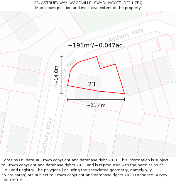 23, ASTBURY WAY, WOODVILLE, SWADLINCOTE, DE11 7BQ: Plot and title map