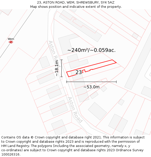 23, ASTON ROAD, WEM, SHREWSBURY, SY4 5AZ: Plot and title map