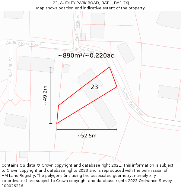 23, AUDLEY PARK ROAD, BATH, BA1 2XJ: Plot and title map