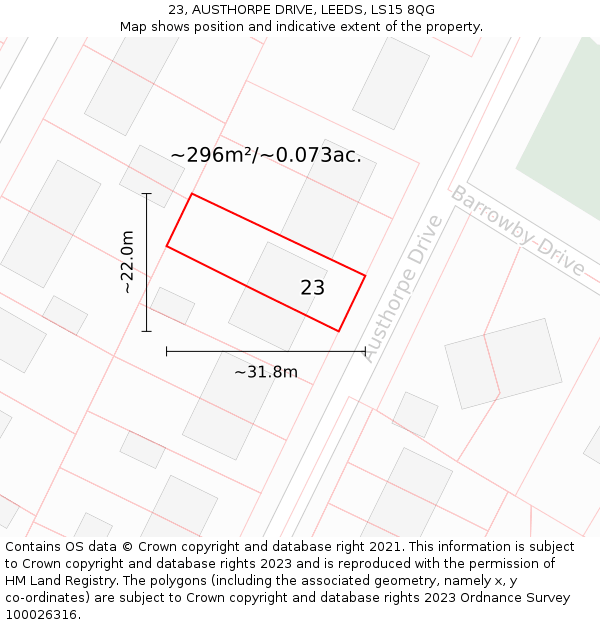 23, AUSTHORPE DRIVE, LEEDS, LS15 8QG: Plot and title map