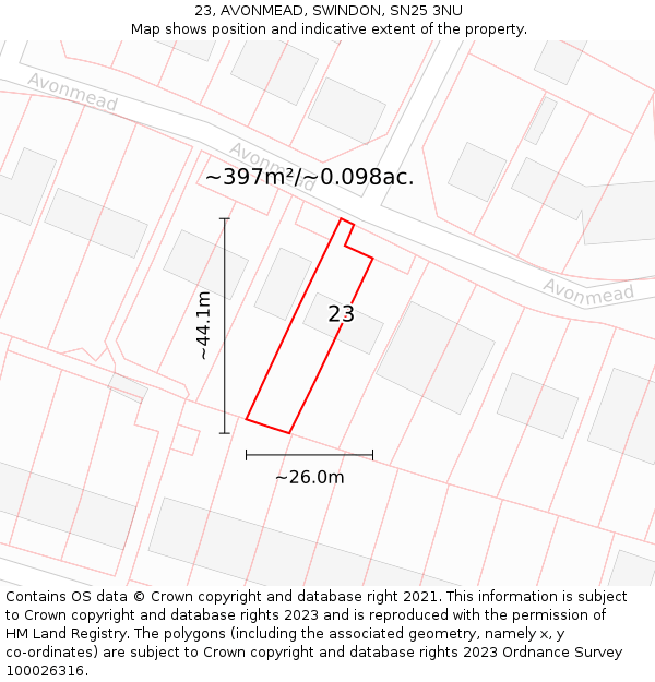 23, AVONMEAD, SWINDON, SN25 3NU: Plot and title map