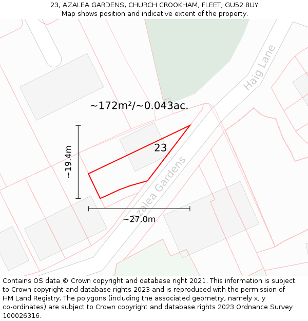 23, AZALEA GARDENS, CHURCH CROOKHAM, FLEET, GU52 8UY: Plot and title map