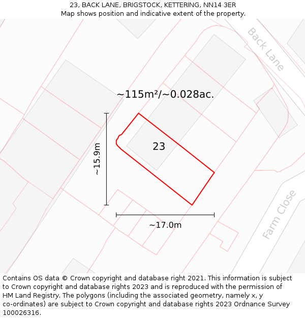 23, BACK LANE, BRIGSTOCK, KETTERING, NN14 3ER: Plot and title map