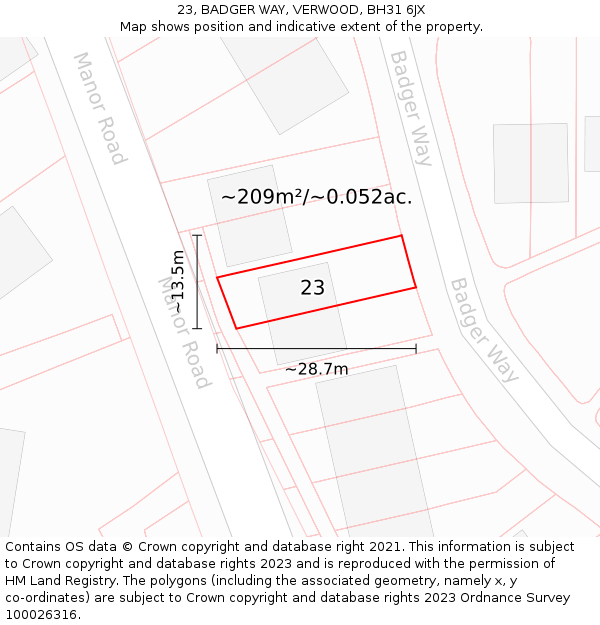 23, BADGER WAY, VERWOOD, BH31 6JX: Plot and title map