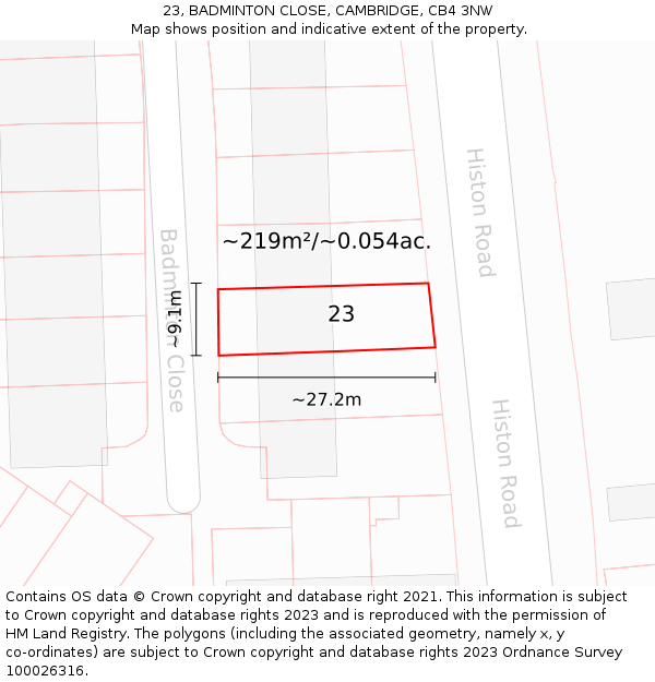 23, BADMINTON CLOSE, CAMBRIDGE, CB4 3NW: Plot and title map