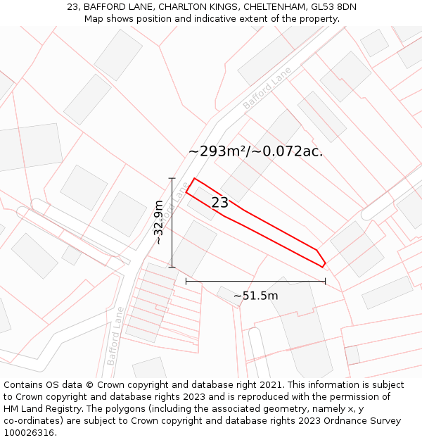 23, BAFFORD LANE, CHARLTON KINGS, CHELTENHAM, GL53 8DN: Plot and title map