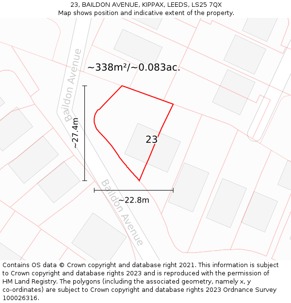 23, BAILDON AVENUE, KIPPAX, LEEDS, LS25 7QX: Plot and title map