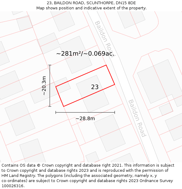 23, BAILDON ROAD, SCUNTHORPE, DN15 8DE: Plot and title map