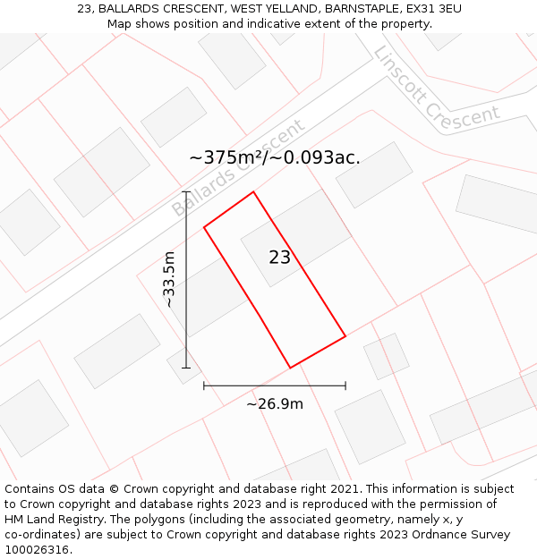 23, BALLARDS CRESCENT, WEST YELLAND, BARNSTAPLE, EX31 3EU: Plot and title map