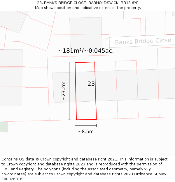 23, BANKS BRIDGE CLOSE, BARNOLDSWICK, BB18 6YP: Plot and title map