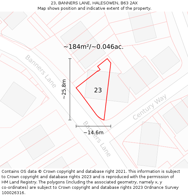 23, BANNERS LANE, HALESOWEN, B63 2AX: Plot and title map