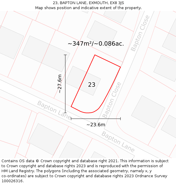 23, BAPTON LANE, EXMOUTH, EX8 3JS: Plot and title map