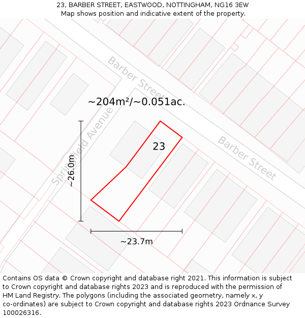 23, BARBER STREET, EASTWOOD, NOTTINGHAM, NG16 3EW: Plot and title map