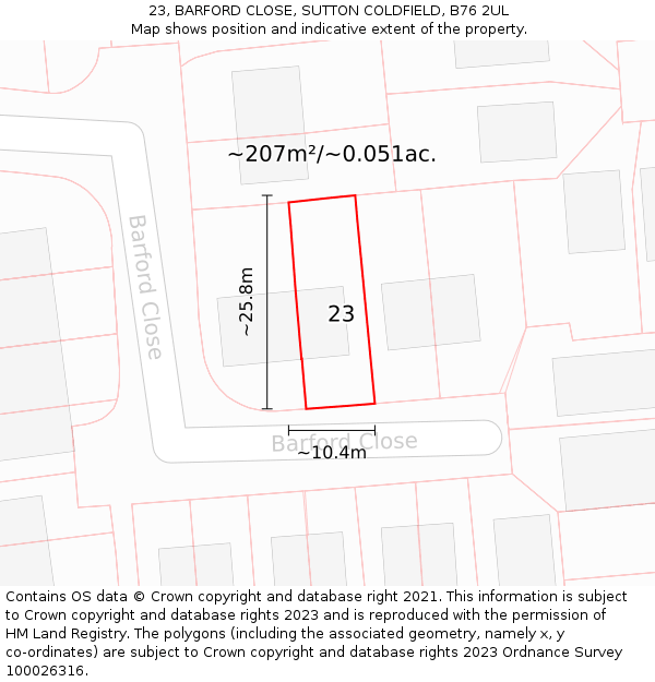 23, BARFORD CLOSE, SUTTON COLDFIELD, B76 2UL: Plot and title map