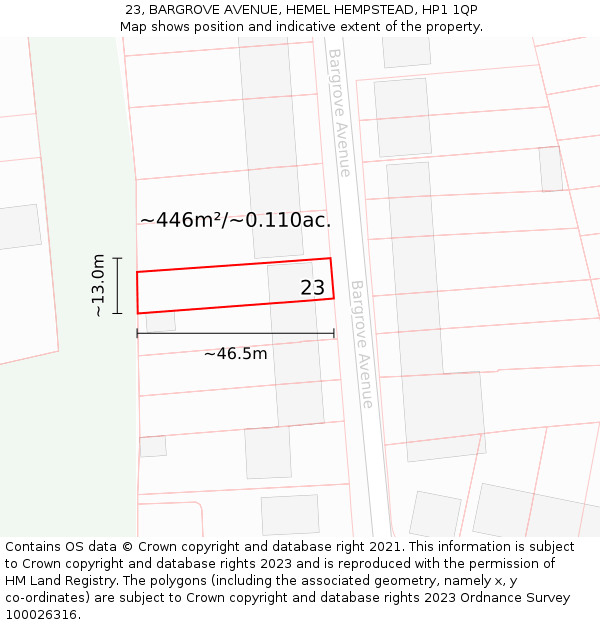 23, BARGROVE AVENUE, HEMEL HEMPSTEAD, HP1 1QP: Plot and title map