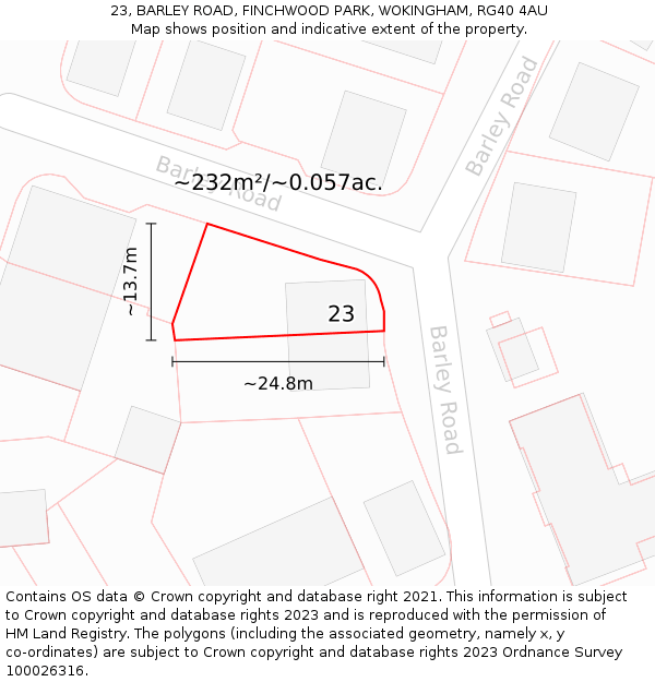 23, BARLEY ROAD, FINCHWOOD PARK, WOKINGHAM, RG40 4AU: Plot and title map