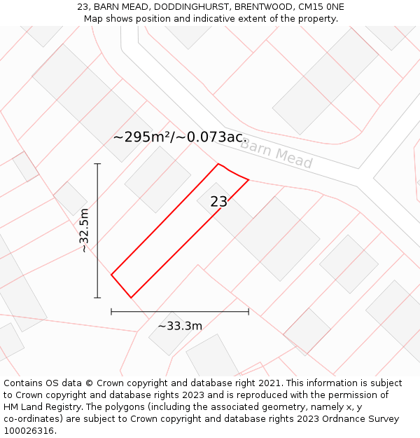 23, BARN MEAD, DODDINGHURST, BRENTWOOD, CM15 0NE: Plot and title map