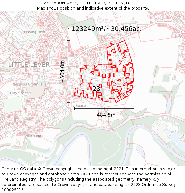 23, BARON WALK, LITTLE LEVER, BOLTON, BL3 1LD: Plot and title map