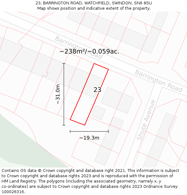 23, BARRINGTON ROAD, WATCHFIELD, SWINDON, SN6 8SU: Plot and title map