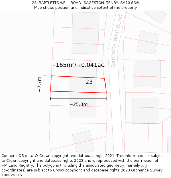 23, BARTLETTS WELL ROAD, SAGESTON, TENBY, SA70 8SW: Plot and title map