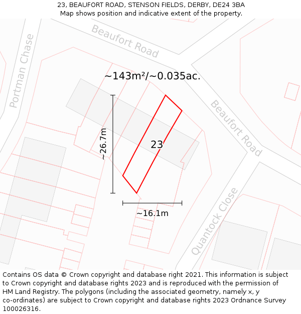 23, BEAUFORT ROAD, STENSON FIELDS, DERBY, DE24 3BA: Plot and title map