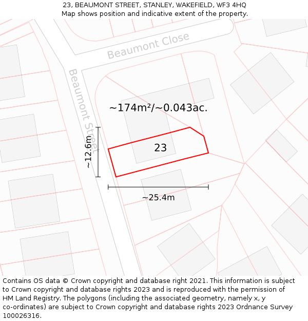 23, BEAUMONT STREET, STANLEY, WAKEFIELD, WF3 4HQ: Plot and title map