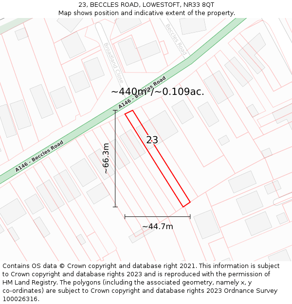 23, BECCLES ROAD, LOWESTOFT, NR33 8QT: Plot and title map