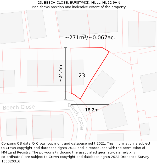 23, BEECH CLOSE, BURSTWICK, HULL, HU12 9HN: Plot and title map