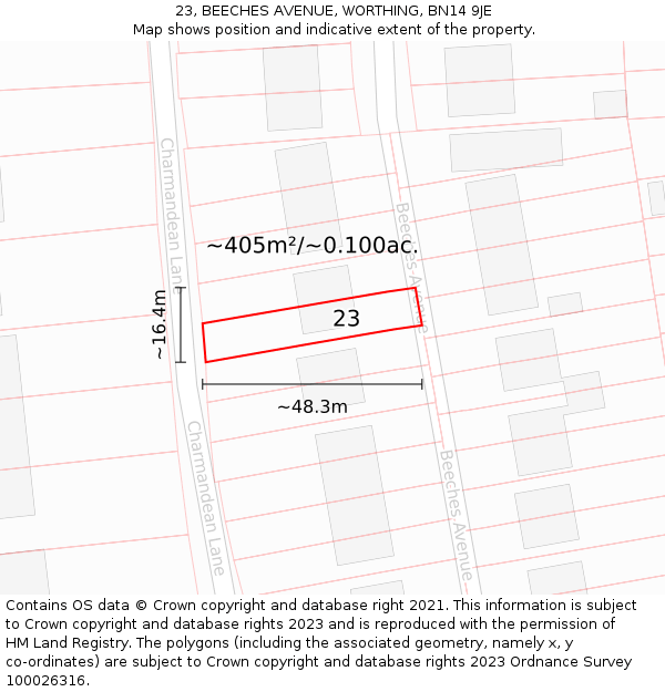 23, BEECHES AVENUE, WORTHING, BN14 9JE: Plot and title map