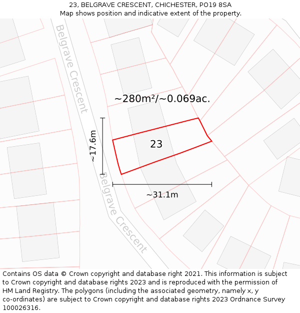 23, BELGRAVE CRESCENT, CHICHESTER, PO19 8SA: Plot and title map