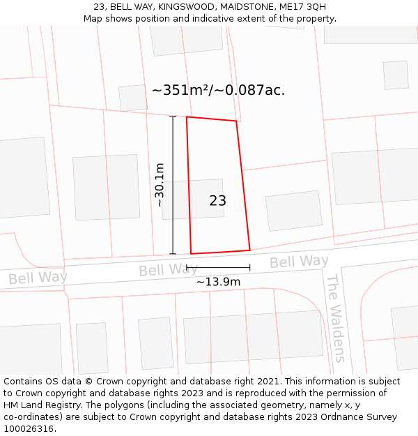 23, BELL WAY, KINGSWOOD, MAIDSTONE, ME17 3QH: Plot and title map