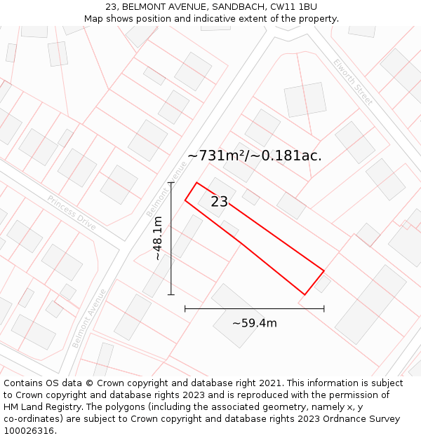 23, BELMONT AVENUE, SANDBACH, CW11 1BU: Plot and title map