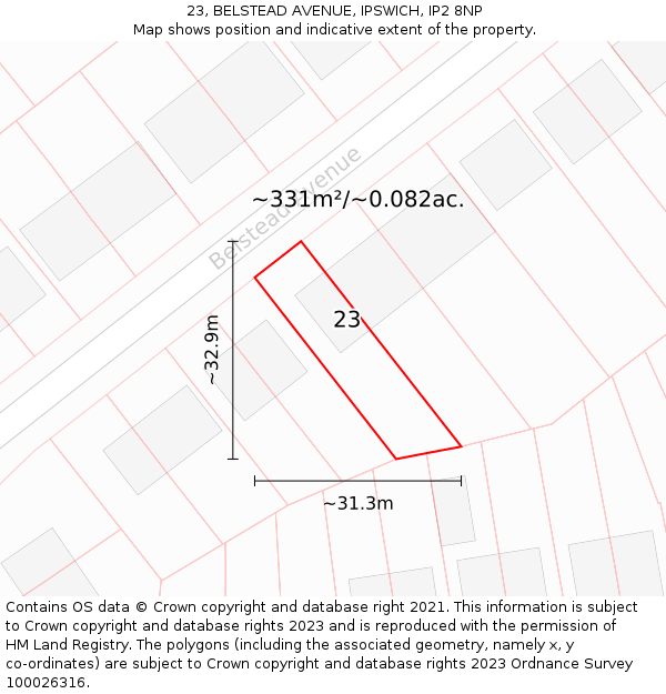 23, BELSTEAD AVENUE, IPSWICH, IP2 8NP: Plot and title map