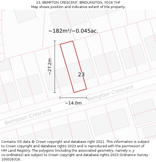 23, BEMPTON CRESCENT, BRIDLINGTON, YO16 7HF: Plot and title map