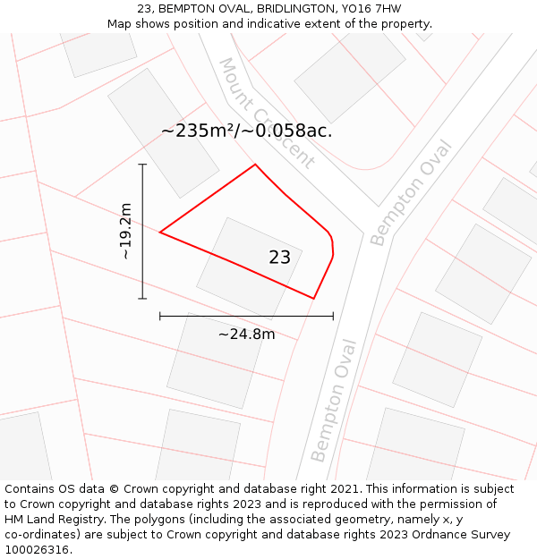 23, BEMPTON OVAL, BRIDLINGTON, YO16 7HW: Plot and title map