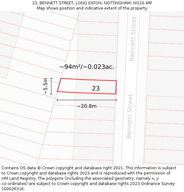 23, BENNETT STREET, LONG EATON, NOTTINGHAM, NG10 4RF: Plot and title map