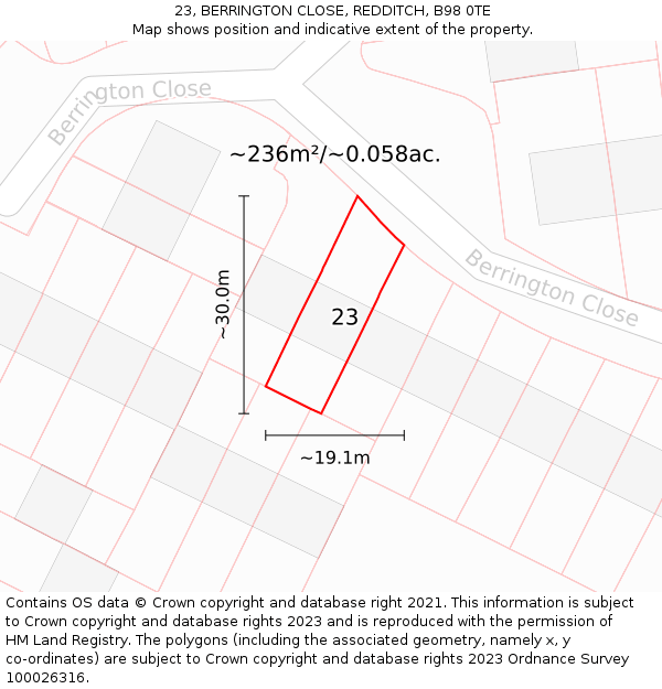 23, BERRINGTON CLOSE, REDDITCH, B98 0TE: Plot and title map