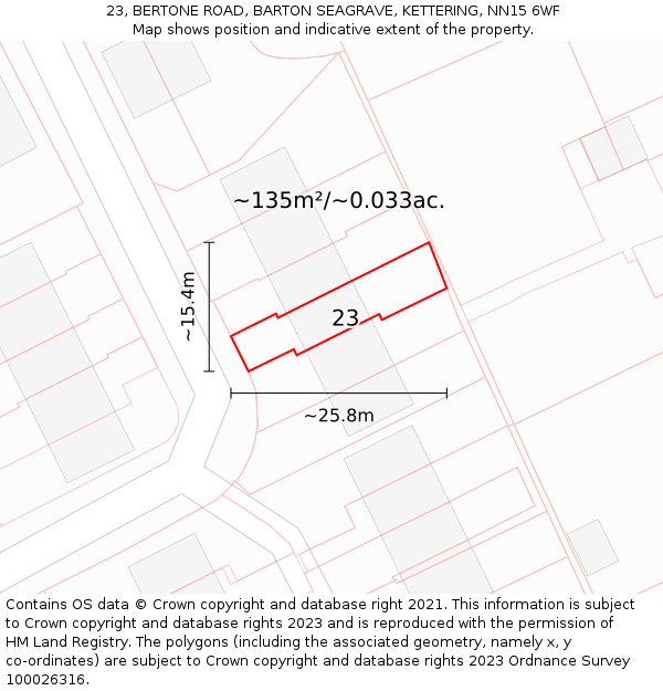 23, BERTONE ROAD, BARTON SEAGRAVE, KETTERING, NN15 6WF: Plot and title map