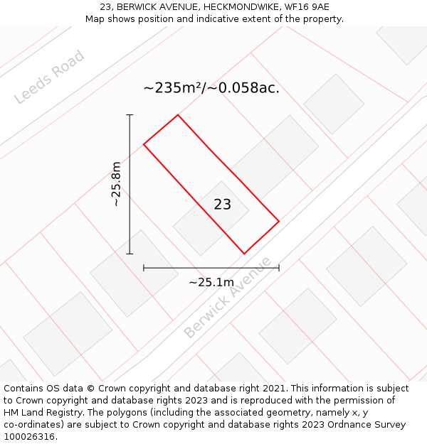 23, BERWICK AVENUE, HECKMONDWIKE, WF16 9AE: Plot and title map