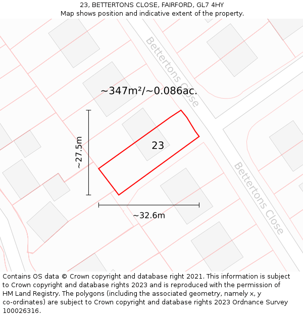 23, BETTERTONS CLOSE, FAIRFORD, GL7 4HY: Plot and title map