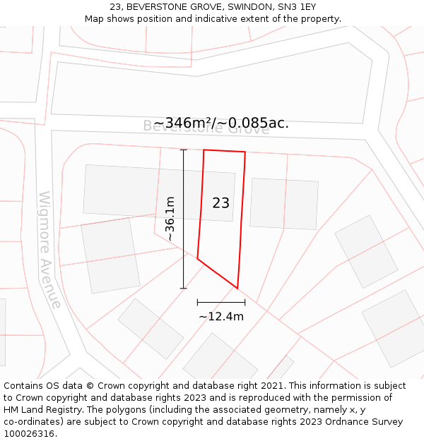 23, BEVERSTONE GROVE, SWINDON, SN3 1EY: Plot and title map